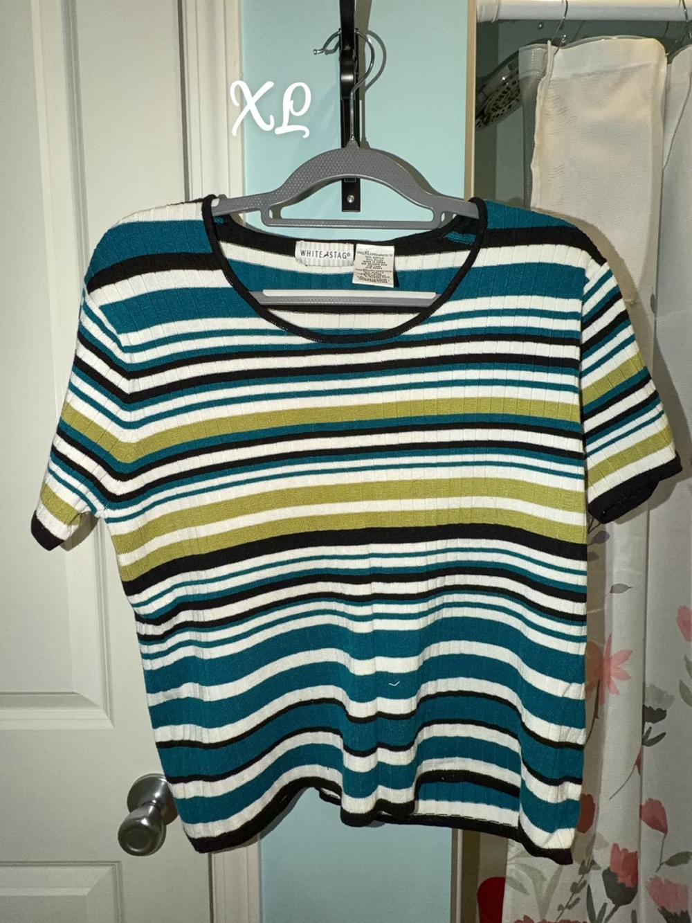 White Stag Teal, Olive & Black Striped Short Sleeve Top